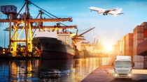 Logistics and transportation of Container Cargo ship and Cargo plane with working crane bridge in shipyard at sunrise, logistic import export and transport industry background; Shutterstock ID 1250910928; Jobnummer: 052004; Projekt: PrÃ¤sentation; Endkunde: BASF SE, EV/K, Alexander Heusener; Sonstiges: BASF SE, ESI/K Matthias Baque