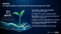 PACIFIC app key benefits overview. The app enables automated, scalable exchange of Product Carbon Footprint (PCF) data with always up-to-date values. It provides live supplier data updates, supports a many-to-many network where participants can publish and request PCFs, offers certified direct PCF calculation, includes Company Certificate Management (CCM), and ensures trustworthy, immutable data exchange.