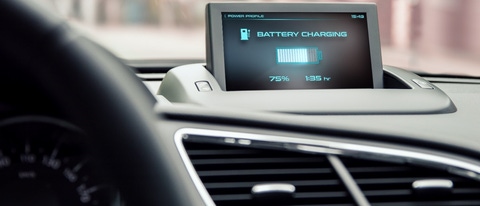 An electric vehicle showing its battery life while charging.